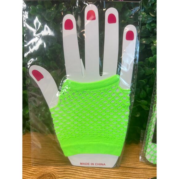 New Bundle Green Neon Fishnet Gloves Stockings Head & Arm Bands Glow Party 80 - Picture 2 of 6